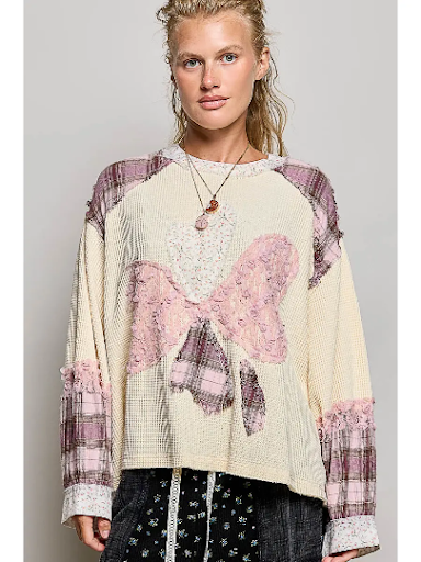 POL Contrast Plaid Floral Lace Bow Thermal Knit Top