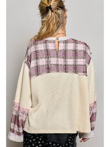 POL Contrast Plaid Floral Lace Bow Thermal Knit Top