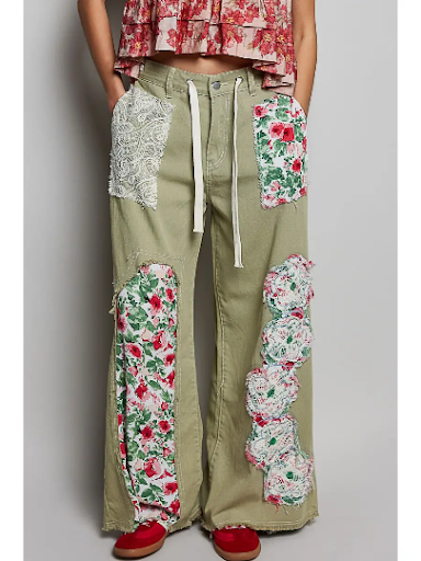 POL Drawstring Floral Patch Denim Pants