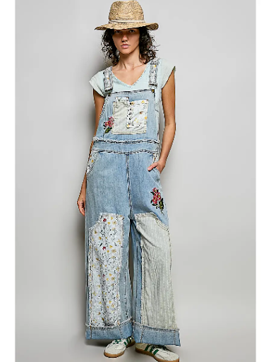 Oversized Fit Floral Patchwork Embroidery Overall