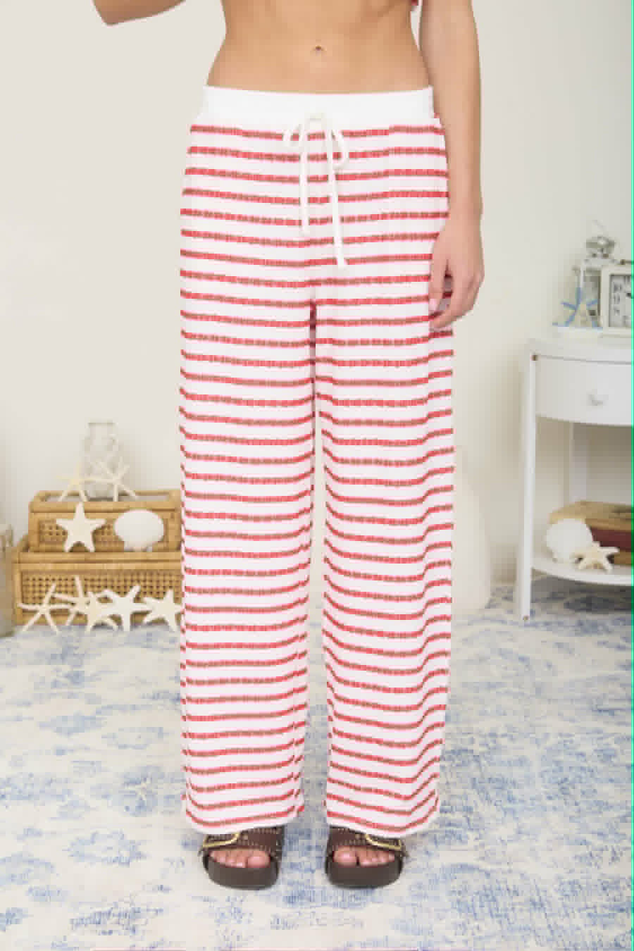 TEXTURED STRIPE DRAWSTRING WIDE LEG LOUNGE PANTS RED