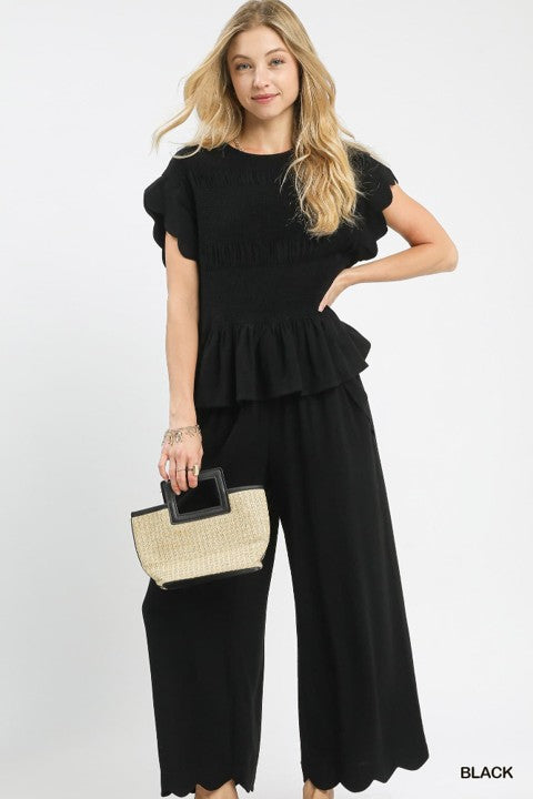 Umgee Linen Blend Scallop Hem Wide Leg Pant and Top Set Black