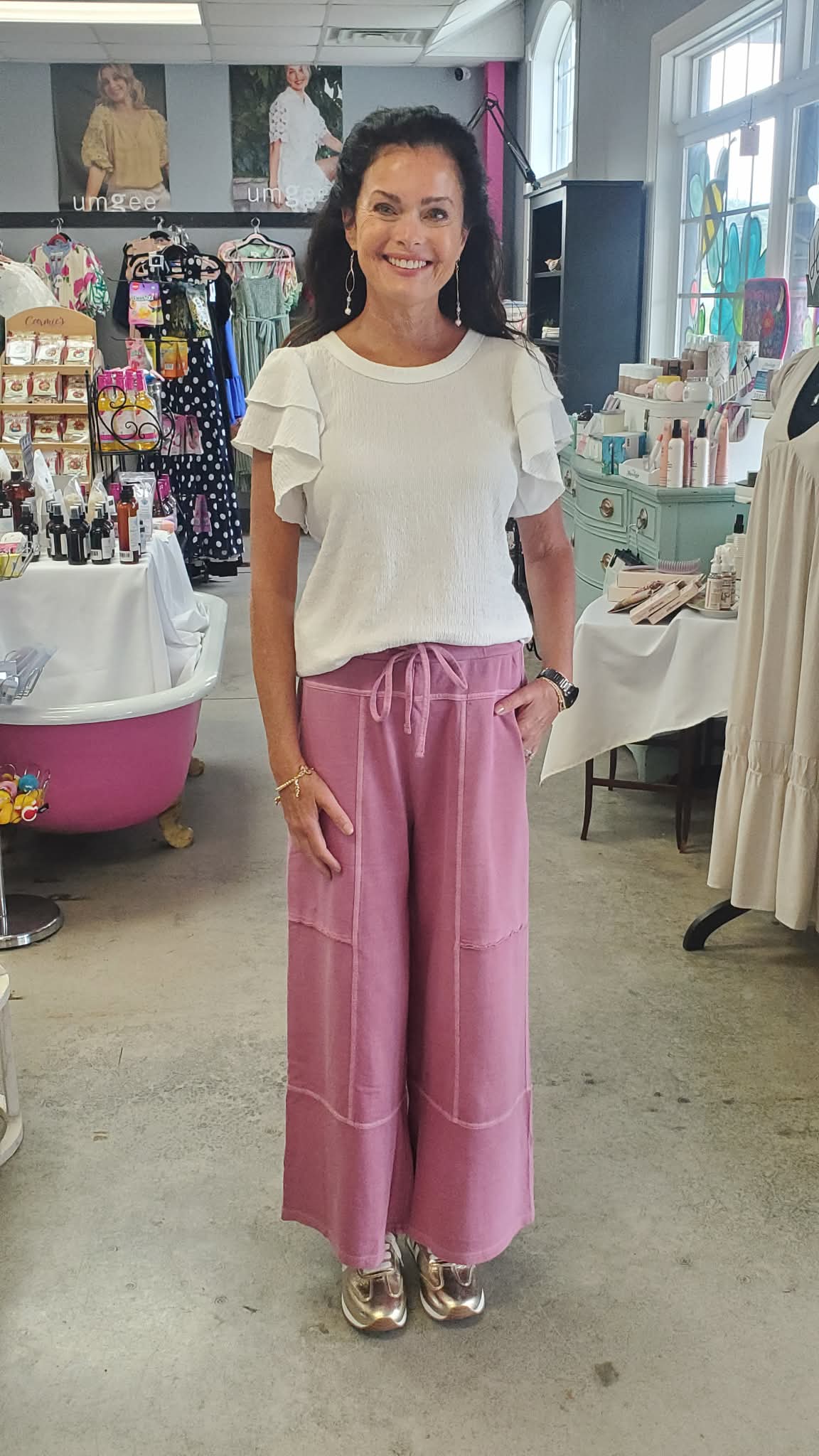 French terry washed exposed-seam wide leg pants Light Rose