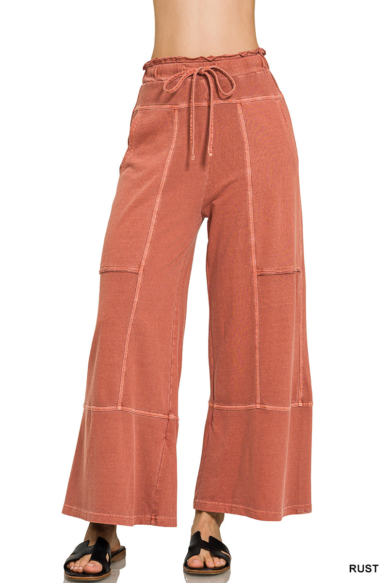 French terry washed exposed-seam wide leg pants Rust
