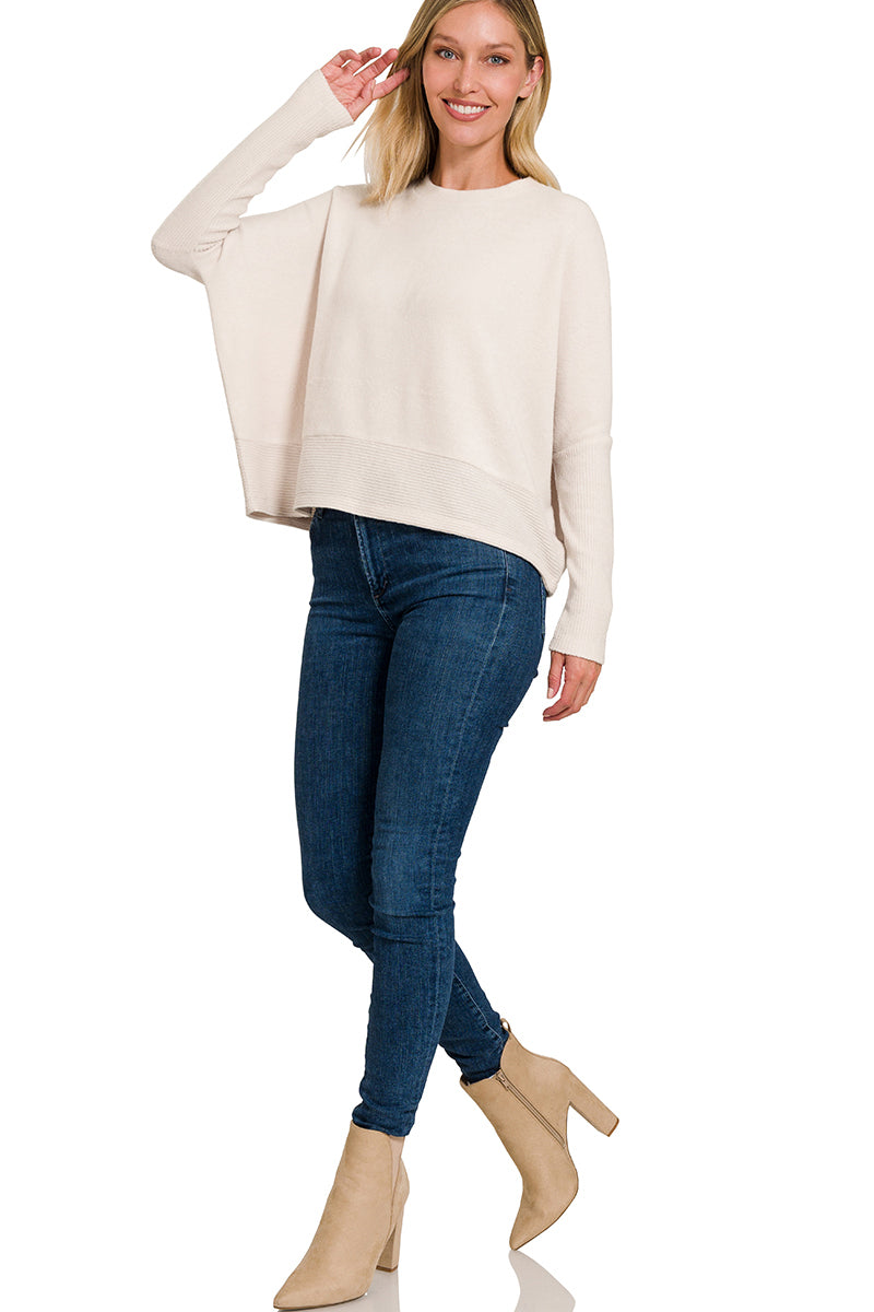 Zenana DOORBUSTER Brushed Mélange Hacci Dolman Sleeve Sweater Sand Beige