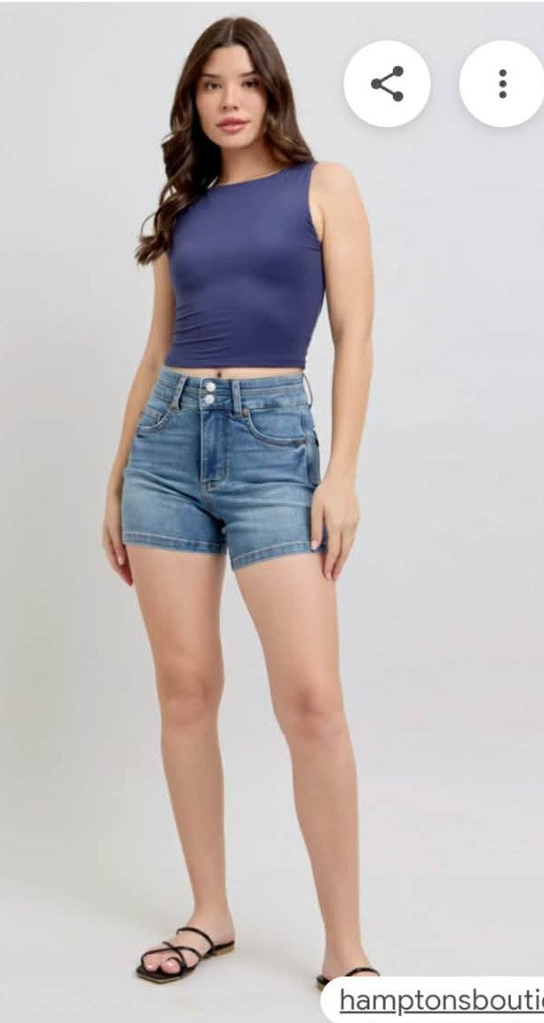No more Moisture Cool Denim Double Waistband Shorts by Judy Blue