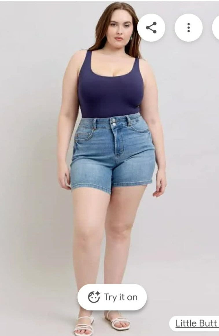 No more Moisture Cool Denim Double Waistband Shorts by Judy Blue