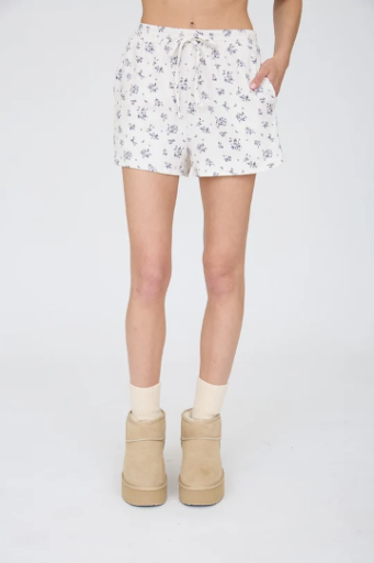 FLORAL SHORT SLEEVE BOXY HENLEY RIBBED KNIT TOP AND SHORTS BLACK AND CREAM
