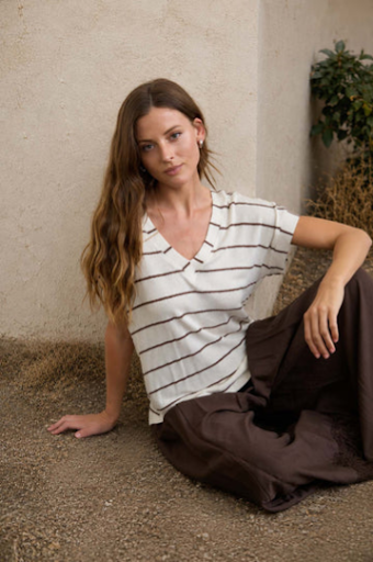 STRIPE V NECK CUFFED SLEEVE KNIT TOP CREAM WITH CHOCOLATE STRIPE