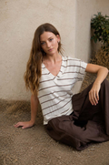 STRIPE V NECK CUFFED SLEEVE KNIT TOP CREAM WITH CHOCOLATE STRIPE
