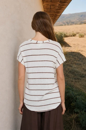 STRIPE V NECK CUFFED SLEEVE KNIT TOP CREAM WITH CHOCOLATE STRIPE