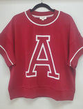Oversized Game Day Short Sleeved Sweatshirt With Bold Front Flocking Letter Graphic Dark Red