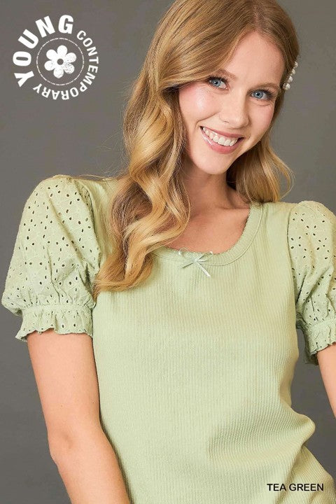 Umgee short Sleeve Top with Eyelet Lace Sleeves