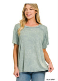 Washed ribbed short sleeve boat-neck top Blue Gray