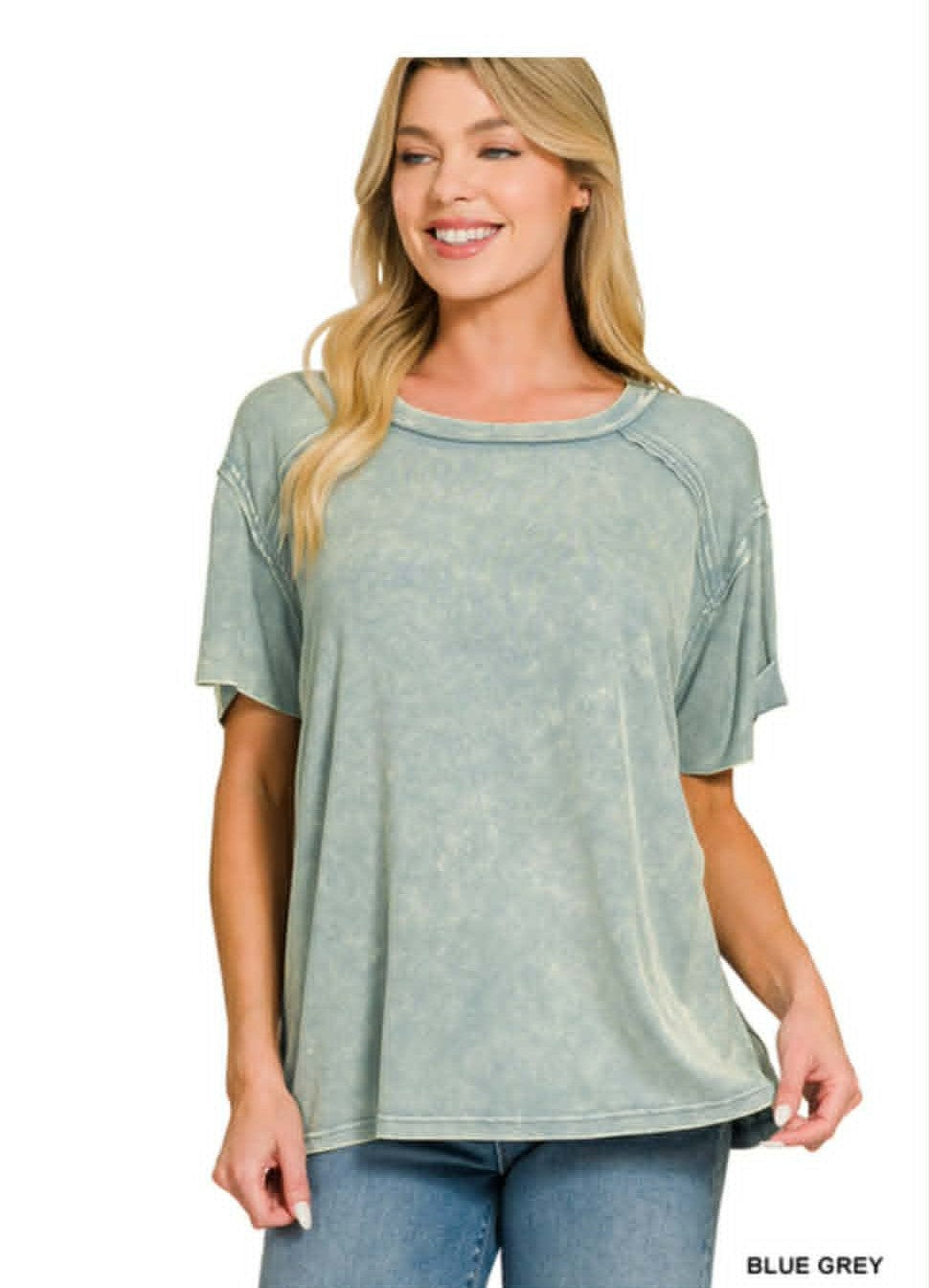 Washed ribbed short sleeve boat-neck top Blue Gray