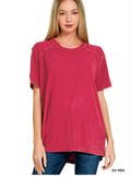 Zenana WASHED RIBBED SHORT SLEEVE BOAT-NECK TOP DARK RED