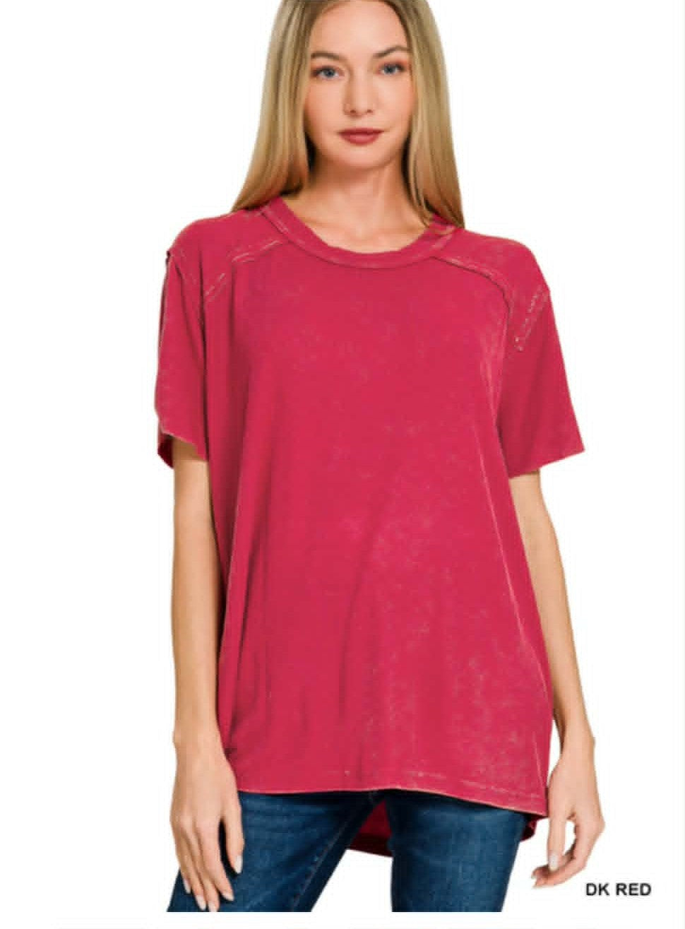 Zenana WASHED RIBBED SHORT SLEEVE BOAT-NECK TOP DARK RED