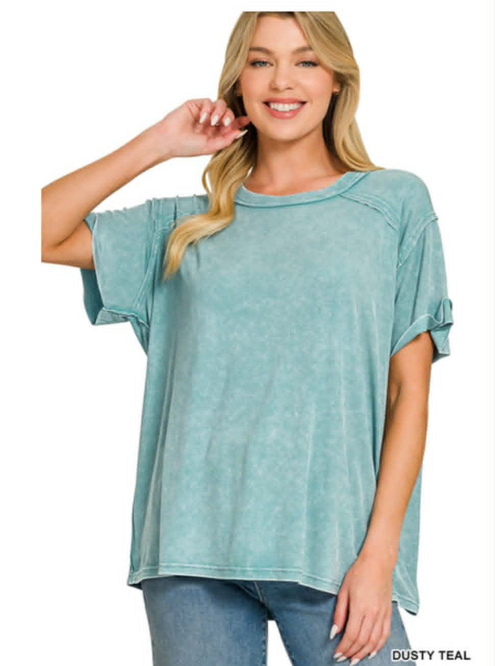Washed ribbed short sleeve boat-neck top Dusty Teal